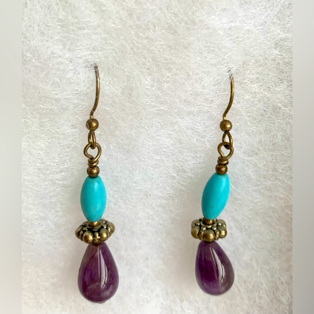Cheerful and Fun Turquoise and Purple Bead Dangle Earrings - Picture 2 of 2